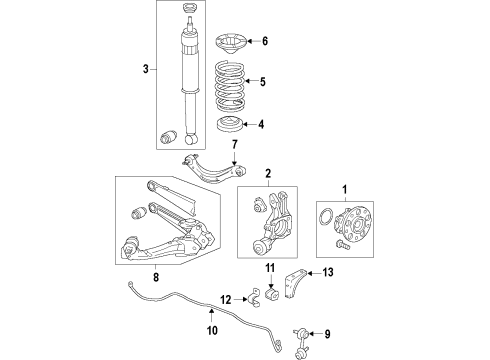 2012 Honda Civic Rear Suspension Components, Upper Control Arm, Stabilizer Bar Bearing Assembly, Rear Hub Unit Diagram for 42200-TR0-A01
