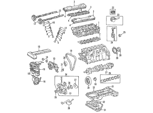 Diagram for 1993 Toyota Supra Engine Parts, Mounts, Cylinder Head & Valves, Camshaft & Timing, Oil Cooler, Oil Pan, Oil Pump, Crankshaft & Bearings, Pistons, Rings & Bearings 