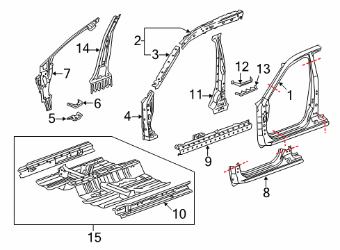 2010 Honda Accord Crosstour Aperture Panel, Center Pillar, Floor & Rails, Hinge Pillar, Rocker Floor, FR. Diagram for 65100-TP6-A01ZZ