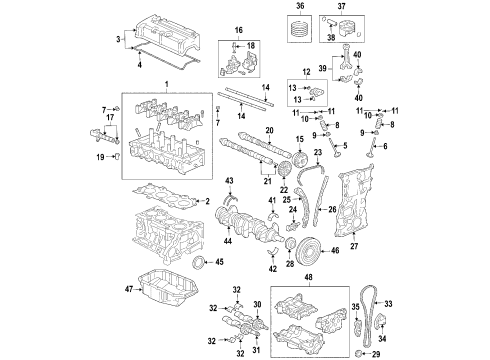 2006 Acura TSX Engine Parts, Mounts, Cylinder Head & Valves, Camshaft & Timing, Variable Valve Timing, Oil Pan, Oil Pump, Balance Shafts, Crankshaft & Bearings, Pistons, Rings & Bearings Bearing B, Main (Upper) (Black) (Daido) Diagram for 13322-PRB-A01