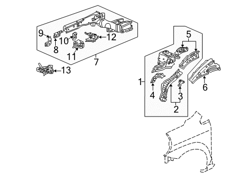 2009 Honda Fit Structural Components & Rails Stiffener, L. FR. Side Frame End Diagram for 60943-TK6-A00ZZ