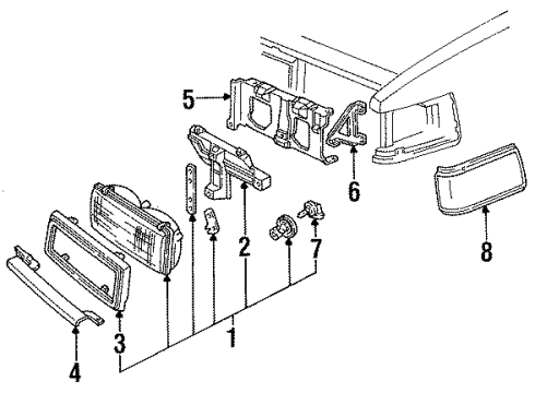 1992 Cadillac Fleetwood Headlamp Components, Corner & Side Marker Lamps Bracket-Headlamp Mounting Panel-Outer-Right Diagram for 25550004