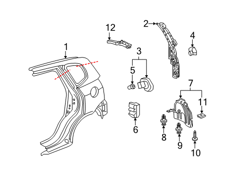 2012 Honda Fit Quarter Panel & Components Separator, RR. Wheel Arch Diagram for 64349-TF0-003