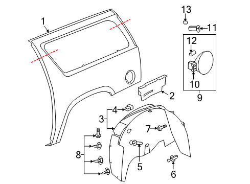 2013 GMC Yukon XL 2500 Quarter Panel & Components Wheelhouse Liner Diagram for 15938663