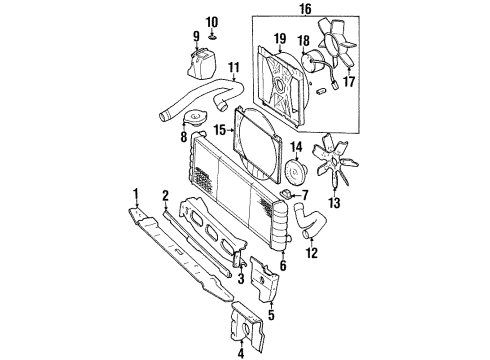 1988 Jeep Wagoneer Radiator & Components, Radiator Support, Cooling Fan Cap-Coolant Recovery Bottle Diagram for J3223202