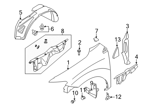 2014 Nissan Murano Fender & Components, Exterior Trim Mud Guard Set-Front Fender, Right Diagram for 63854-1GR0A