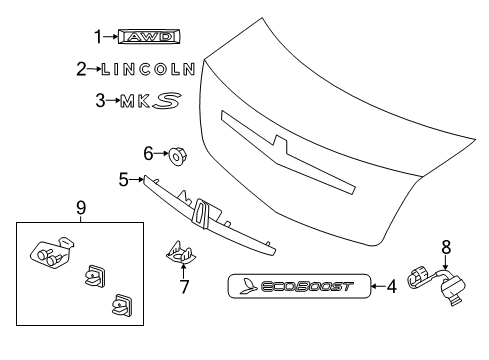 2011 Lincoln MKS Exterior Trim - Trunk Lid Applique Nut Diagram for -W709764-S424