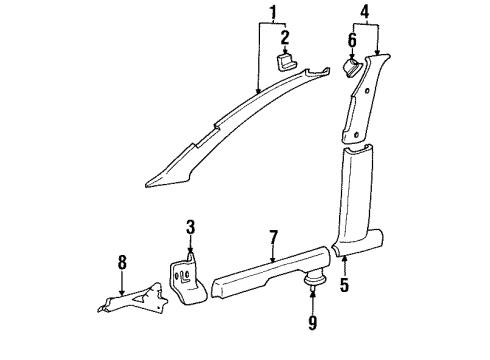 1996 Geo Metro Interior Trim - Pillars, Rocker & Floor Molding, Windshield Side Upper Garnish *Gray Diagram for 30013733