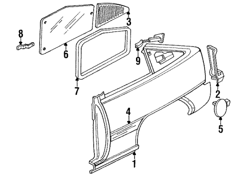 1991 Pontiac LeMans Quarter Panel & Components HINGE, Quarter Window Diagram for 90186606