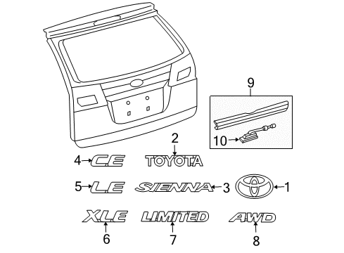 2007 Toyota Sienna Exterior Trim - Lift Gate Nameplate Diagram for 75444-08020