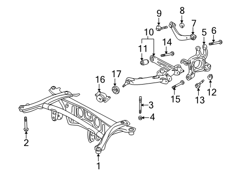 2009 Pontiac Vibe Rear Suspension Components, Lower Control Arm, Upper Control Arm, Stabilizer Bar Bolt, Rear Suspension Support Crossmember Diagram for 19183879