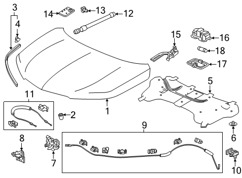 2020 Acura MDX Hood & Components Remote Latch Assembly Diagram for 74125-TZ5-A01