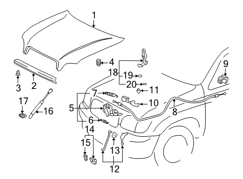 2001 Toyota Tundra Hood & Components Cable Handle Diagram for 53601-01020-E3