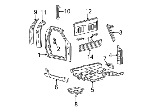 1997 Ford F-250 Back Panel, Floor, Hinge Pillar, Uniside Floor Side Rail Diagram for YL3Z-1510110-AA