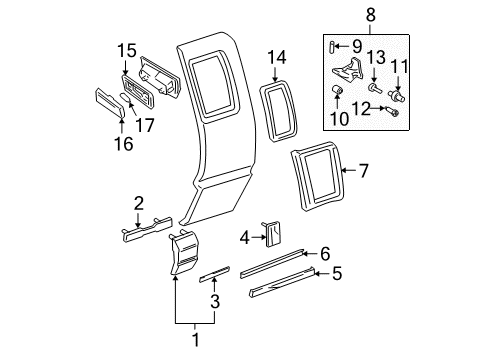 2003 Chevrolet S10 Roof Lamps, Side Glass, Exterior Trim Body Side Molding Diagram for 15712062