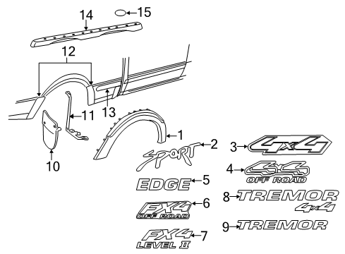 2008 Ford Ranger Exterior Trim - Pick Up Box Wheel Opening Molding Diagram for 6L5Z-9929164-APTM