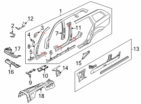 2006 BMW 325xi Center Pillar & Rocker, Hinge Pillar, Floor, Uniside Bracket, Side Panel, Top Left Diagram for 41207166683
