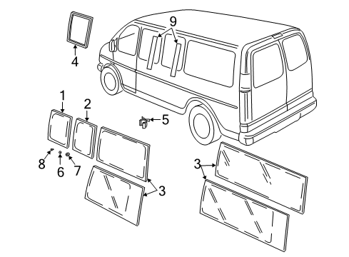 2016 Chevrolet Express 2500 Body Side Panels - Glass & Hardware Rear Glass Diagram for 20906511