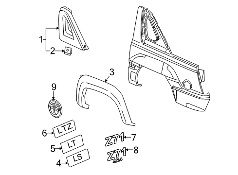 2008 Chevrolet Avalanche Exterior Trim - Quarter Panel Upper Quarter Trim Diagram for 15908598