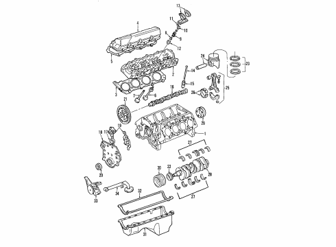 Diagram for 2000 Ford F-250 Super Duty Engine Parts, Mounts, Cylinder Head & Valves, Camshaft & Timing, Oil Pan, Oil Pump, Crankshaft & Bearings, Pistons, Rings & Bearings 