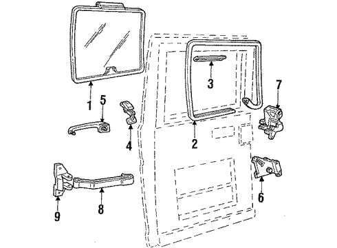 1990 Ford E-250 Econoline Side Loading Door Glass & Hardware Lock Cylinder Kit Diagram for E9UZ1621984A