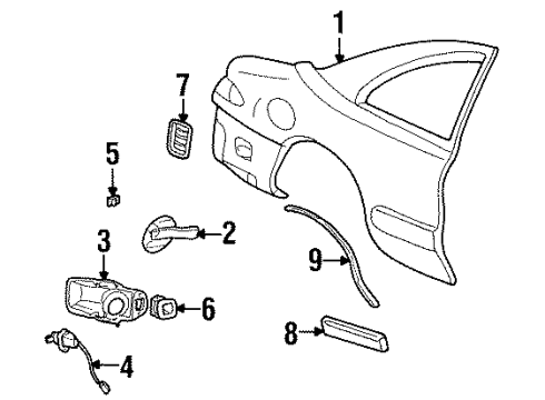 1996 Lincoln Mark VIII Quarter Panel & Components, Exterior Trim Body Side Molding Diagram for 1R9Z6329077PTM