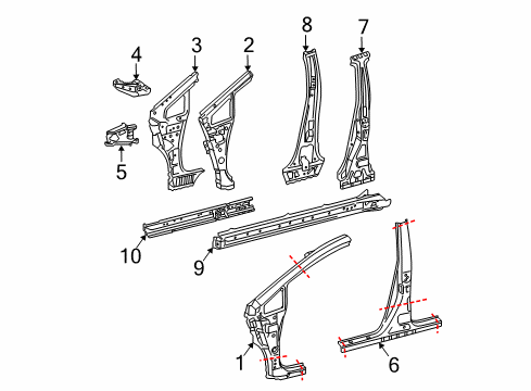 2010 Toyota Prius Center Pillar & Rocker, Hinge Pillar Inner Hinge Pillar Diagram for 61023-47050