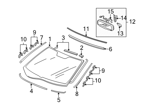 2005 Acura RL Windshield Glass, Inside Mirrors, Reveal Moldings Mirror Assembly, Rearview (Graphite Black) (Automatic Day/Night) Diagram for 76400-SJA-A02ZA