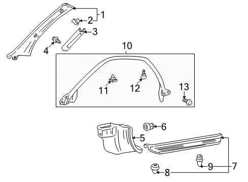 2003 Toyota Celica Interior Trim - Pillars, Rocker & Floor Windshield Pillar Trim Diagram for 62220-20120-B0