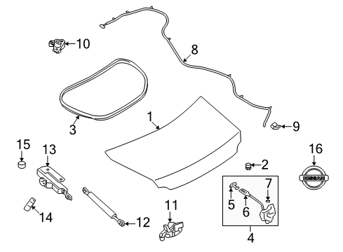 2020 Nissan GT-R Trunk Lid & Components, Exterior Trim Trunk Lock Assembly Diagram for 84631-62B0A