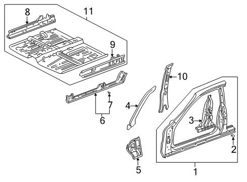 2000 Acura Integra Center Pillar, Hinge Pillar, Rocker Panel, Floor & Rails, Uniside Pillar, Driver Side Center (Inner) Diagram for 64620-ST8-A00ZZ