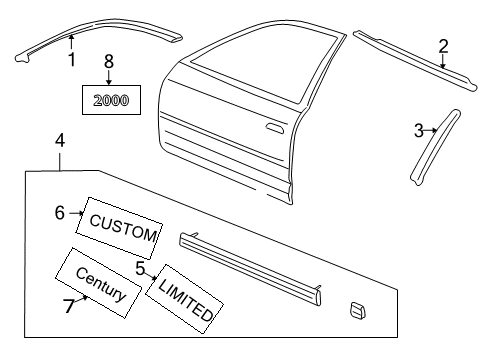 2001 Buick Century Exterior Trim - Front Door Molding Asm-Front Side Door Window Upper Reveal-RH *W/Bright Diagram for 10350756