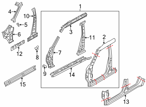 2012 Infiniti QX56 Aperture Panel, Center Pillar & Rocker, Hinge Pillar Bracket - Front Fender, LH Diagram for 63147-1LA0A