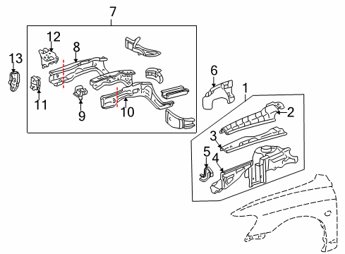 2002 Toyota Avalon Structural Components & Rails Sidemember Assembly Diagram for 57101-06026