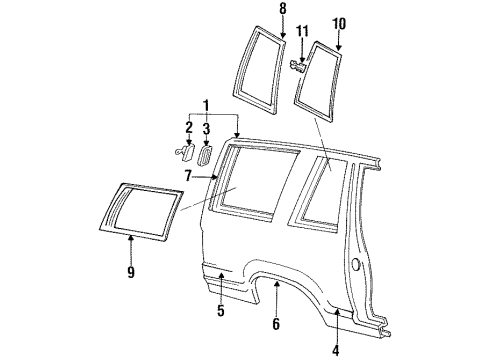 1991 Ford Explorer Quarter Panel & Components, Glass, Exterior Trim Body Side Molding Diagram for F1TZ9829077BAPTM