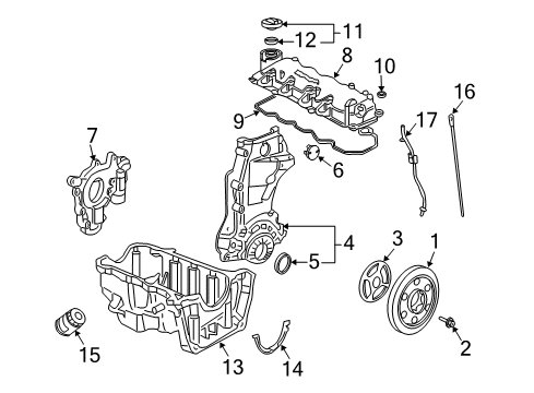 2004 Honda Civic Engine Parts, Mounts, Cylinder Head & Valves, Camshaft & Timing, Variable Valve Timing, Oil Pan, Oil Pump, Balance Shafts, Crankshaft & Bearings, Pistons, Rings & Bearings Dipstick, Oil Diagram for 15650-PZA-004