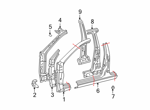 2003 Toyota RAV4 Center Pillar, Hinge Pillar, Rocker Panel Support Bracket Diagram for 61166-42020