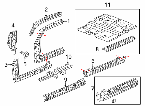 2011 Honda Element Hinge Pillar, Rocker, Floor & Rails Sill, R. FR. Inside Diagram for 65140-SCV-A21ZZ