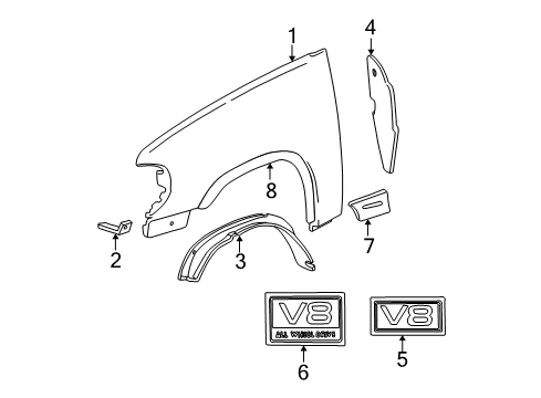 2000 Ford Explorer Fender & Components, Exterior Trim Fender Diagram for XL2Z-16005-AA