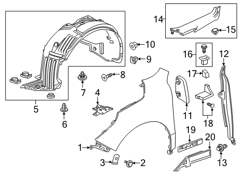 2020 Acura MDX Fender & Components, Exterior Trim Bracket, Right Front Fender Diagram for 60212-TZ5-A01ZZ