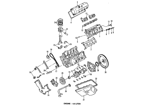 Diagram for 2001 Ford Crown Victoria Engine Parts, Mounts, Cylinder Head & Valves, Camshaft & Timing, Oil Cooler, Oil Pan, Oil Pump, Crankshaft & Bearings, Pistons, Rings & Bearings 