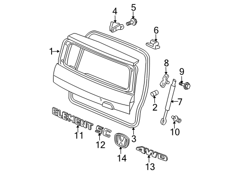 2009 Honda Element Lift Gate & Hardware, Exterior Trim Hinge, Tailgate Diagram for 68210-S7A-000ZZ