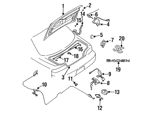 1995 Nissan 240SX Trunk Lid & Components, Exterior Trim Cable-Trunk Lid & Gas Filler Opener Diagram for 84650-70F00