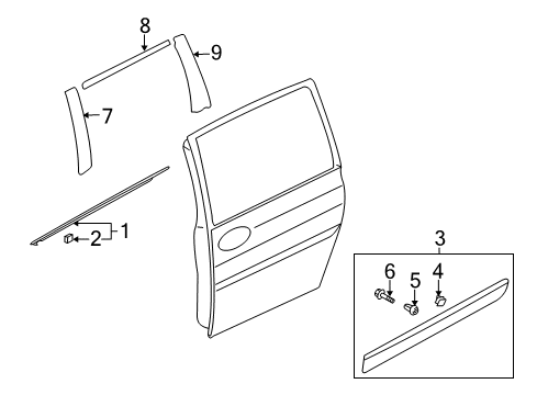 2008 Hyundai Entourage Exterior Trim - Side Loading Door Moulding Assembly-Rear Door Waist Line, LH Diagram for 87721-4J000-J9