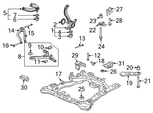 2007 Honda Accord Front Suspension Components, Lower Control Arm, Upper Control Arm, Stabilizer Bar Fork, Left Front Shock Absorber Diagram for 51821-SDA-A00