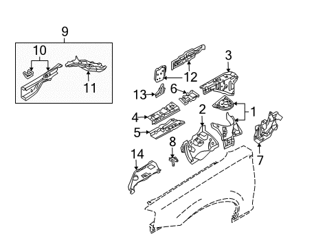 2007 Nissan Maxima Structural Components & Rails Hoodledge-Upper, RH Diagram for 64110-7Y030