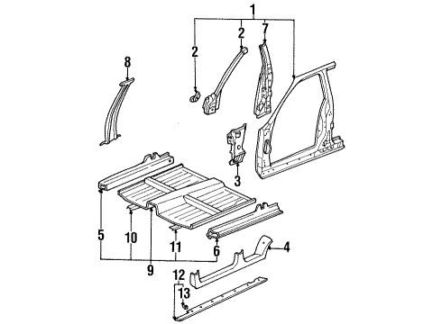 1996 Honda Accord Center Pillar, Hinge Pillar, Rocker, Exterior Trim, Floor & Rails, Uniside Frame, L. FR. Floor Diagram for 65166-SM4-A00ZZ