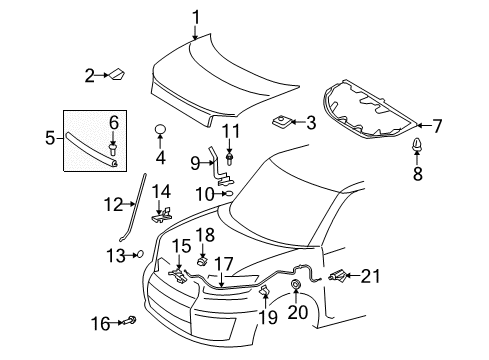 2008 Scion xB Hood & Components Support Rod Clip Diagram for 53454-12020