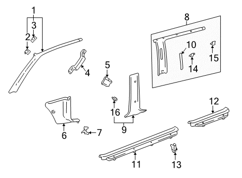 Diagram for 1999 Toyota 4Runner Interior Trim - Pillars, Rocker & Floor 