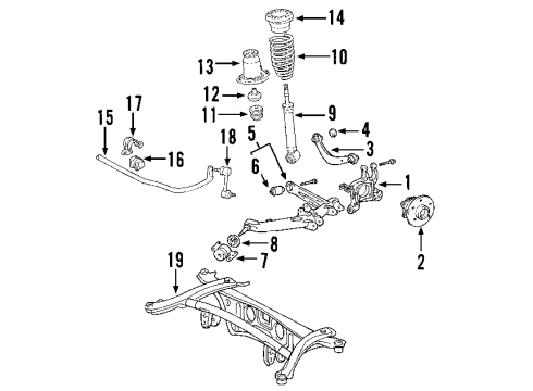 2006 Pontiac Vibe Rear Suspension, Lower Control Arm, Upper Control Arm, Stabilizer Bar, Suspension Components Clamp, Rear Stabilizer Shaft Insulator Diagram for 88971298